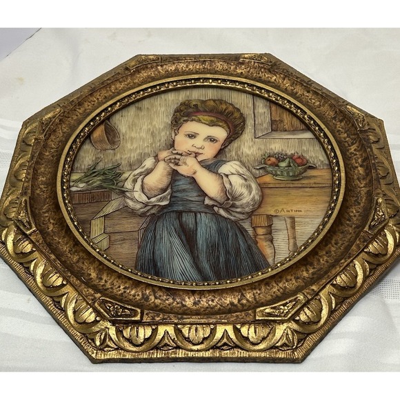 Signed Sculpted Handpainted 4D Pictures Antique Gold Frame Naughty Girl/Boy